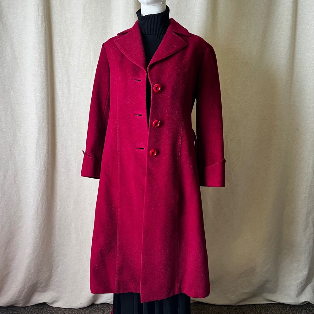Vintage Red Wool Belted Coat XS S Quilted Zip Out Lining - Picture 10 of 10